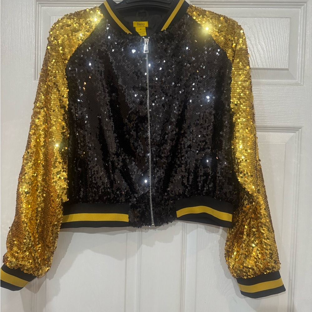 Sequin Bomber Jacket in Black and Gold